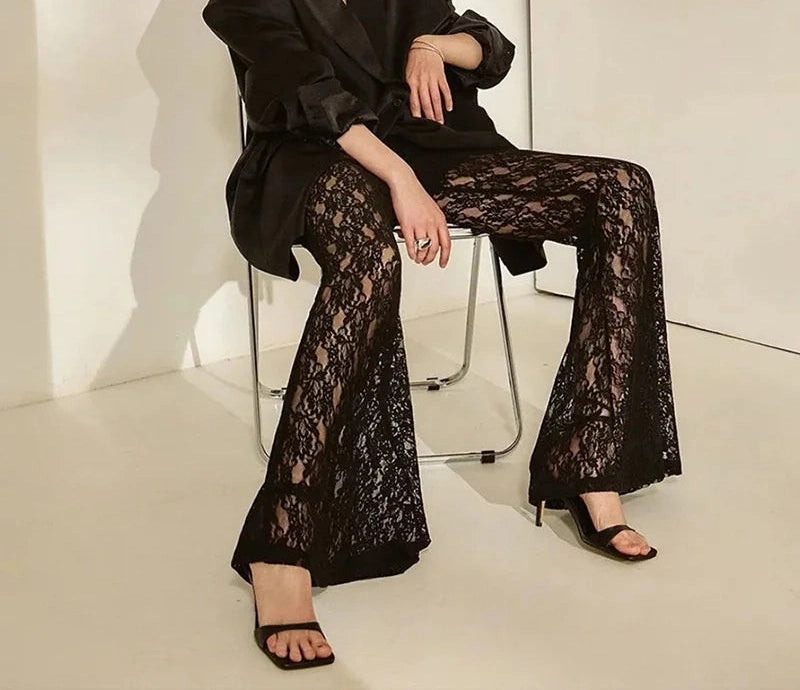 Stacked Lace Pants Solid See Through High Waist Slim Trouser Solid Stunning Bottoms