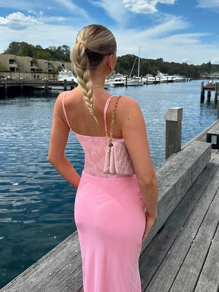 Pink Ruched Patchwork Mesh Bodycon Midi Dress