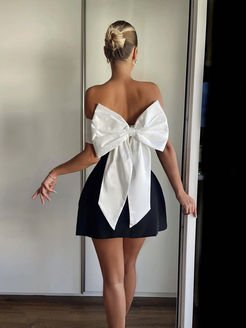 Off Shoulder Bow Tie Mini Dress Sweet Ball Gown Black Ceremonial s