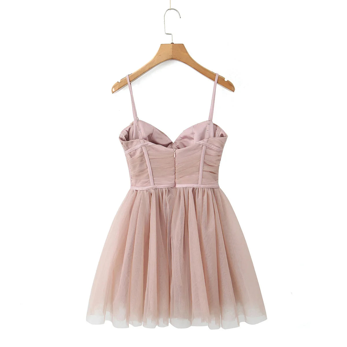 Spaghetti Strap Dresses Pink Puffy Cake Dress Mini Mesh Backless Dress