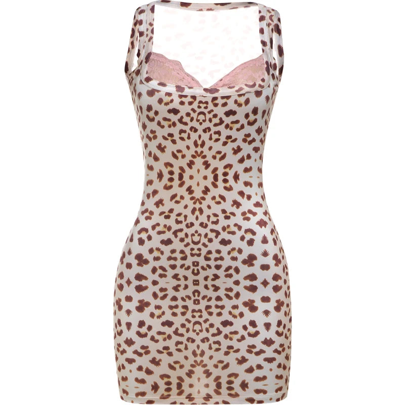 Leopard Print Dress Lace Square collar Sleeveless Mini Bodycon
