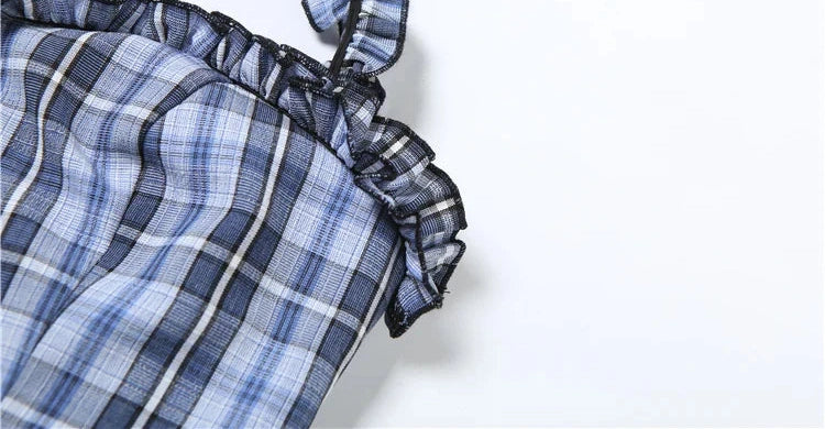 Plaid women Ruffled Edges Halter Low-Neck Backless Sleeveless High ity Mini Top