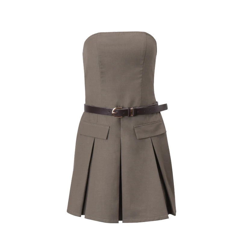 Khaki Off Shoulder Sleeveless Ruffle Mini Dress