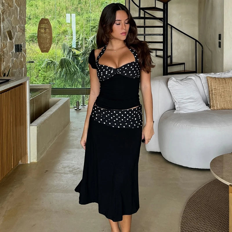 Polka Dot Patchwork Halter Set Hanging Neck Breat Short Sleeve Backless Top Low Wait Half Skirt Set