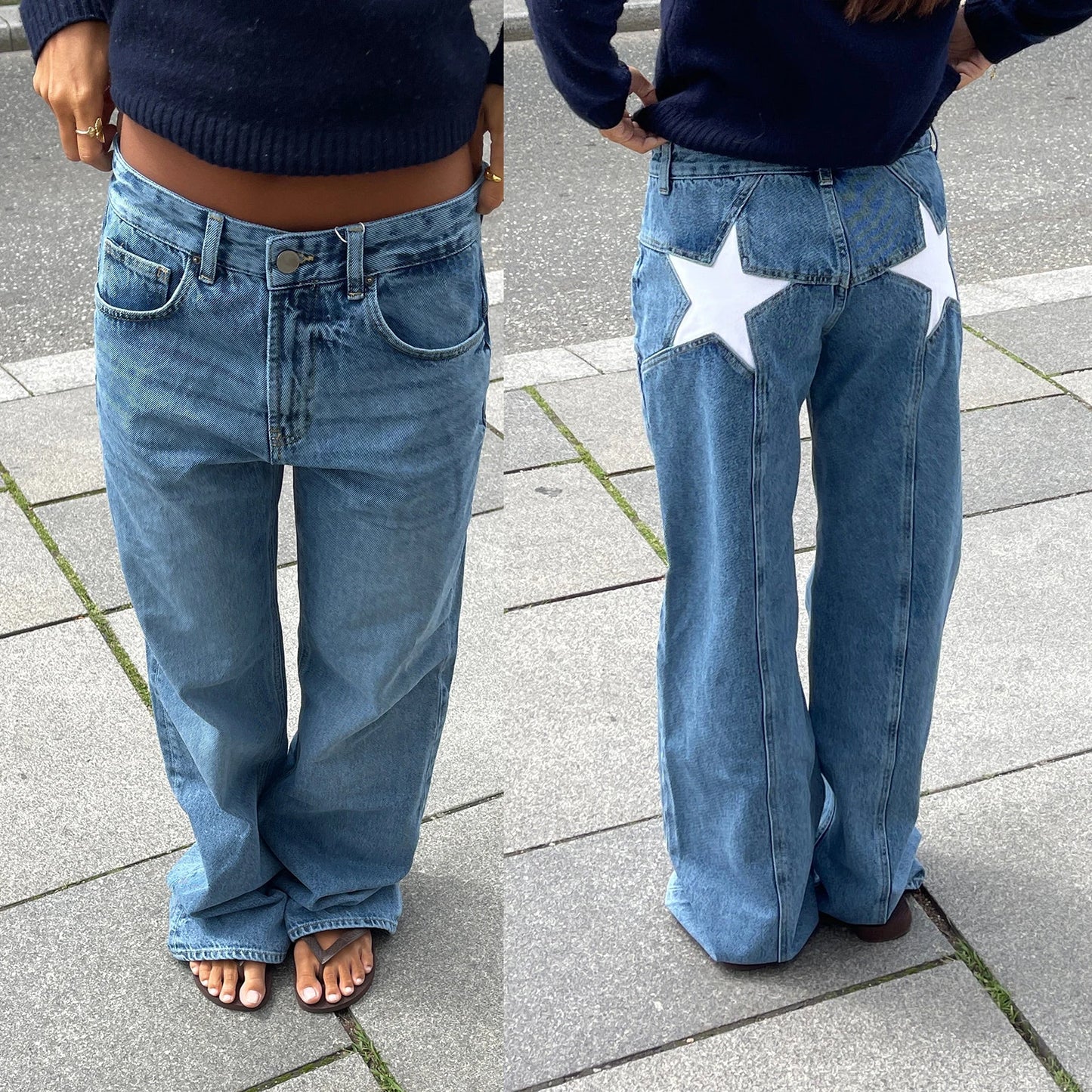 Star Pattern Loose Straight Leg Denim Low Waist Jeans