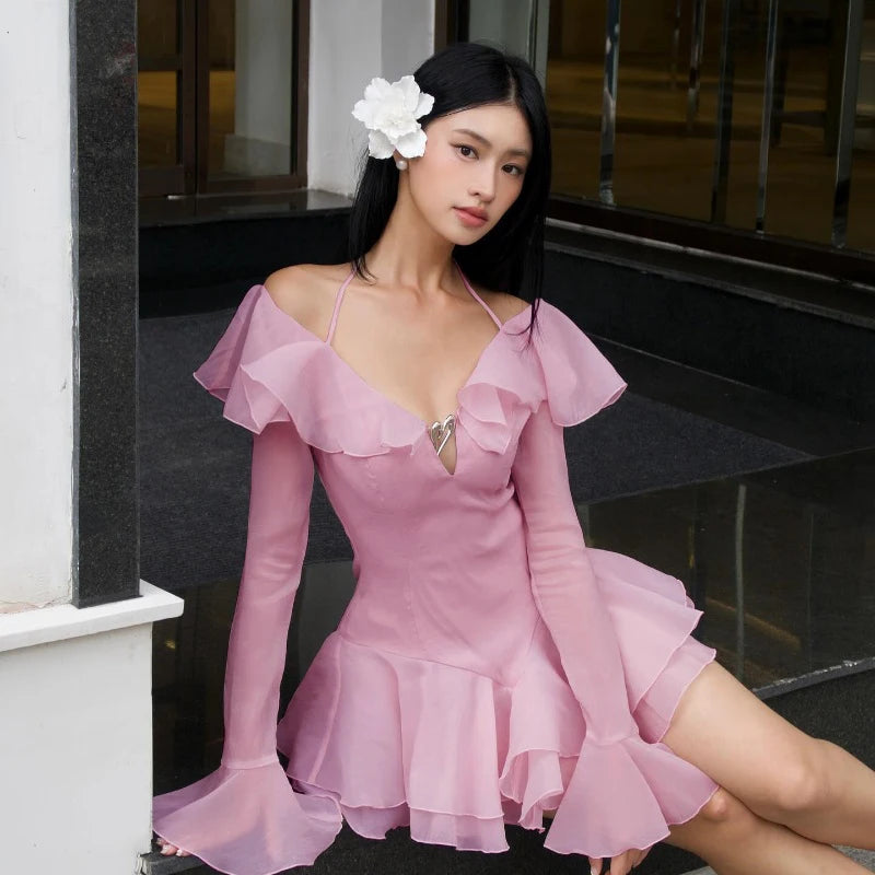 Halter Flare Long Sleeve Off Shoulder Mini Dress Zipper A Line Dress