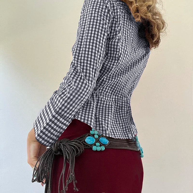 Plaid Button Up Bloue Turn-down Neck Shirt Top