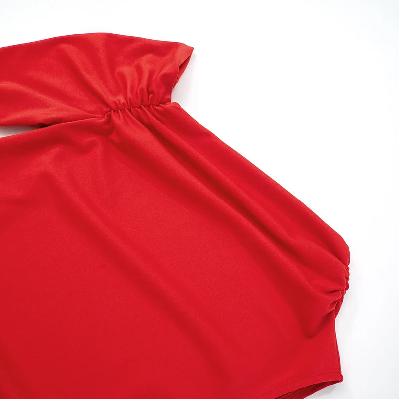 Solid Color Irregular Straple Single Side Sleeve Shrining Pleated Slim T-Shirt Top