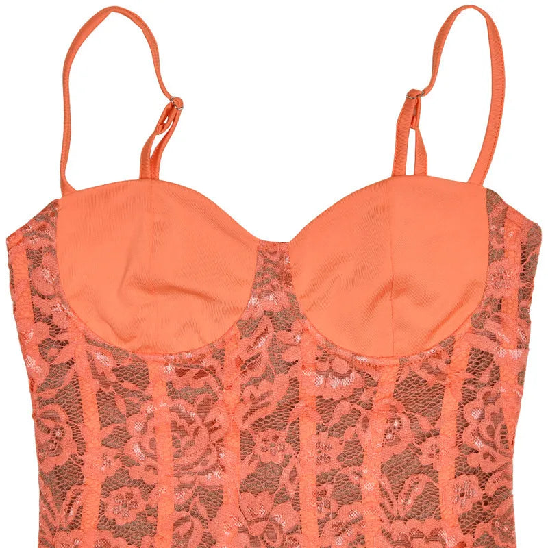 Floral Lace Maxi Dress For Orange Spaghetti Strap Sleeveless Backless Bodycon Long Dress