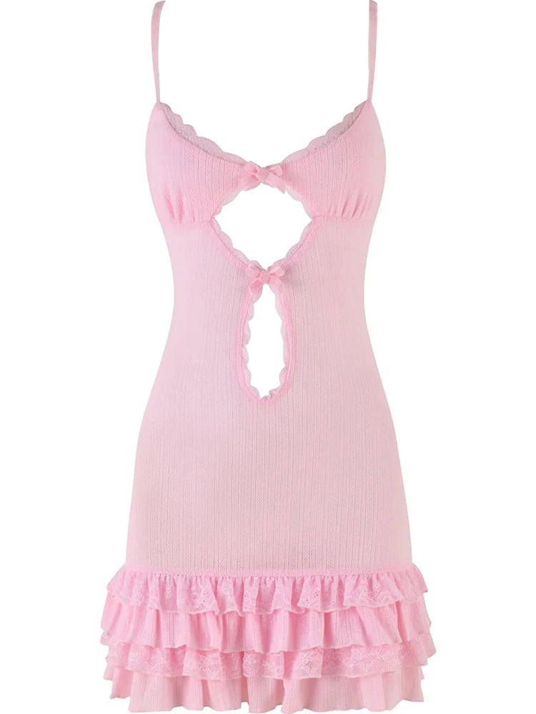 Pink Knitted Hollow Out Ruffles Mini Dress