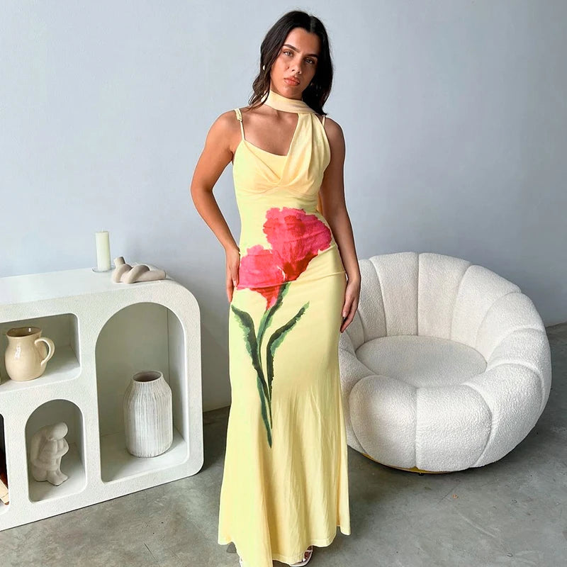 Flower Printing Hanging Neck Tie Backless High Waist Slim Fishtail Halter Long Dress