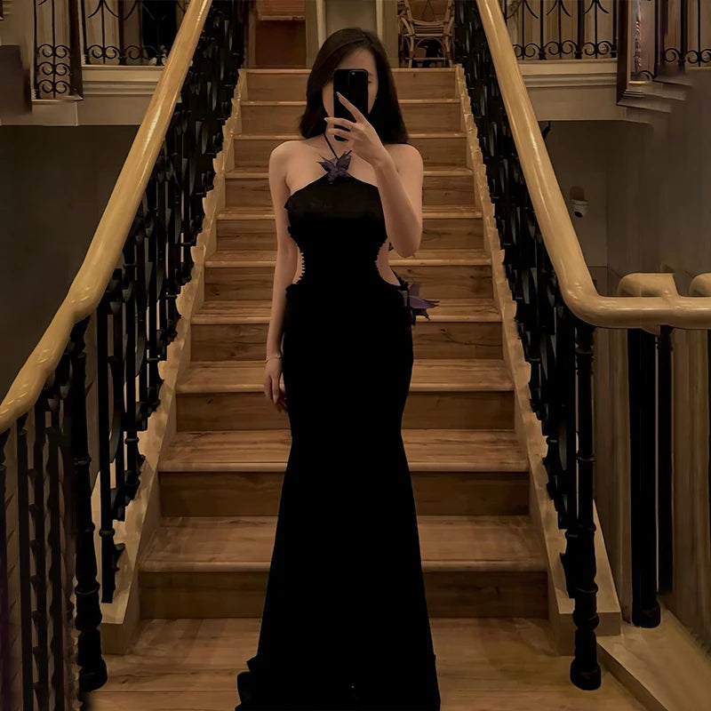 Butterfly Halter See Through Hollow Out Maxi Dress