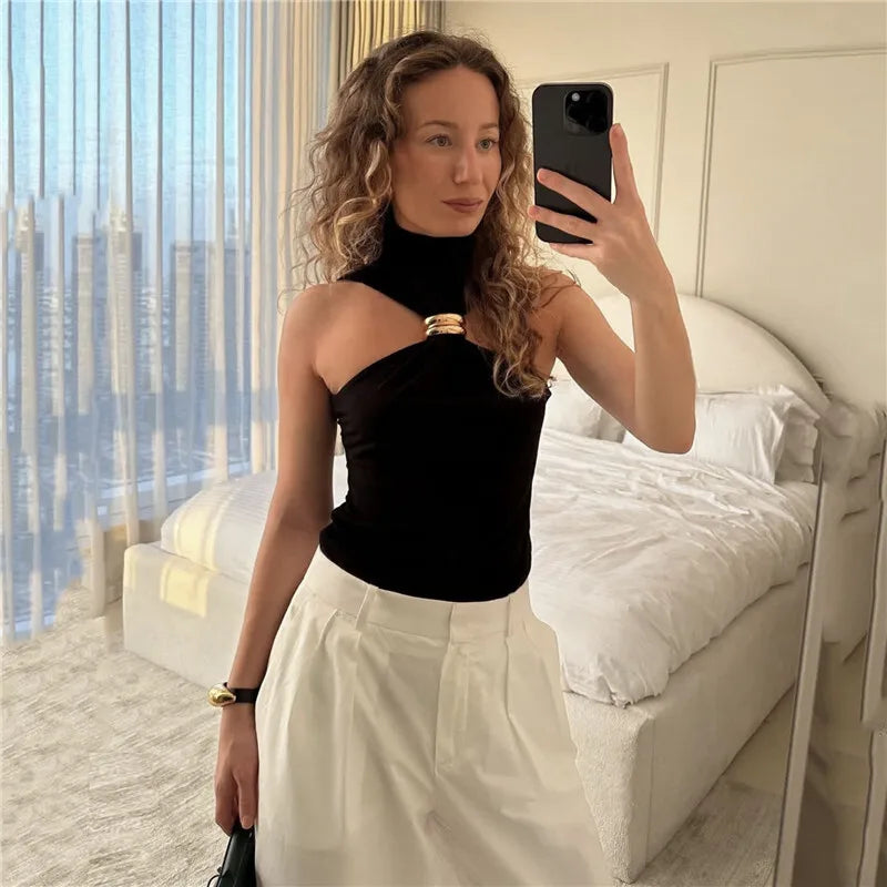 Turtleneck Knit Tank Top Vest Pullovers Metal Ring Camisole Sleeveless Knitted Top Cropped Top