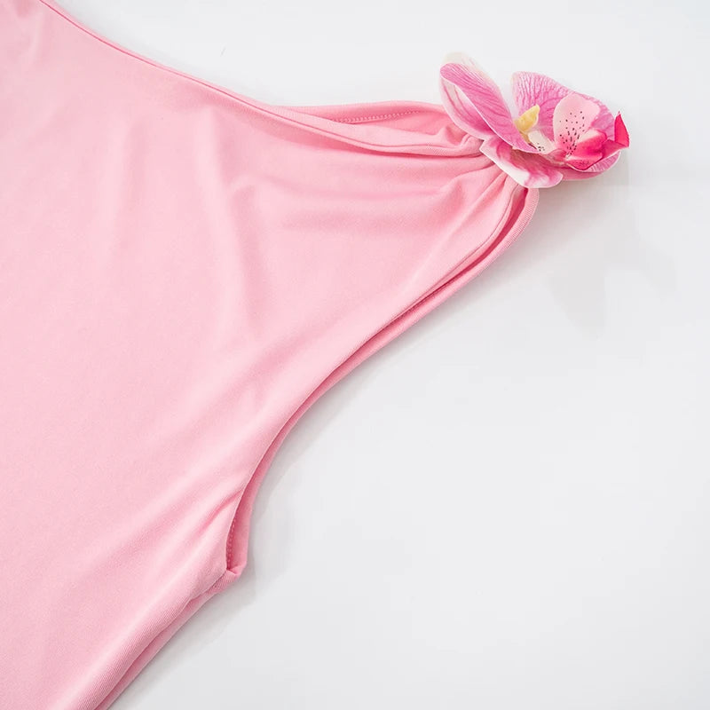 And Color Slant Shoulder Pullover Sleeveless Stereoscopic Flower Decoration Pleated Short