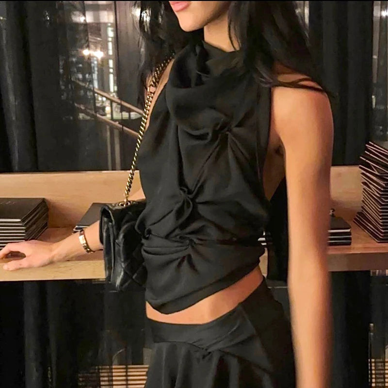 Hanging Neck Tie Bow Hollow Out Backless Shrinking Pleat Expo Navel Top T-Shirt