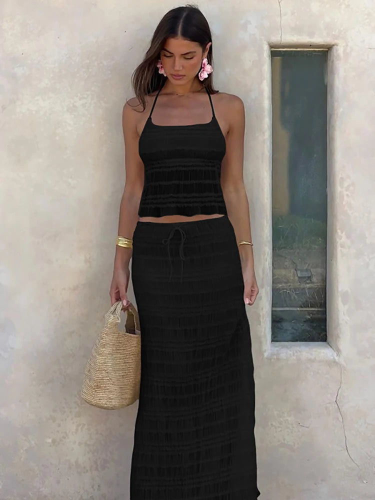 Chiffon Backless Ruched Skirt Suit Apricot Spaghetti Strap Top Long Skirt Slim