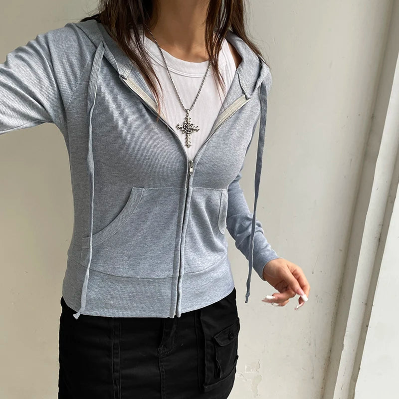 Zip Up Crop Hoodie Coats 's Jackets Front Pockets