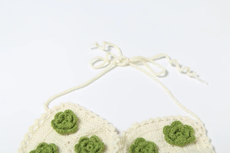 Crochet Applique Two Piece Set Hollow See Through Halter Bra Peach Hip Skirt Matching