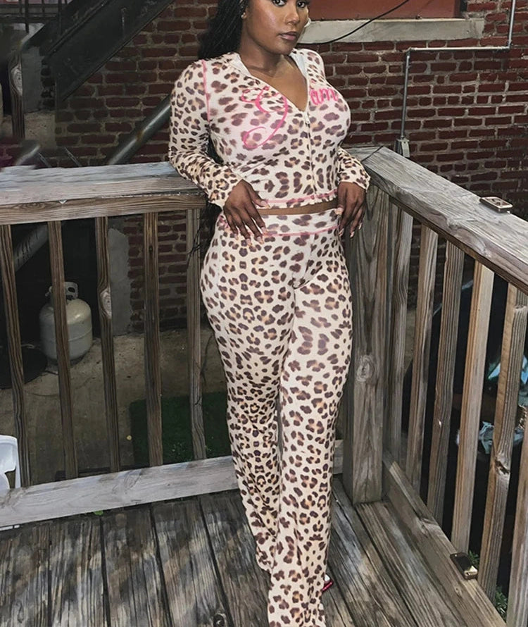 Leopard Crop Jacket Flared Pants Two Piece Set