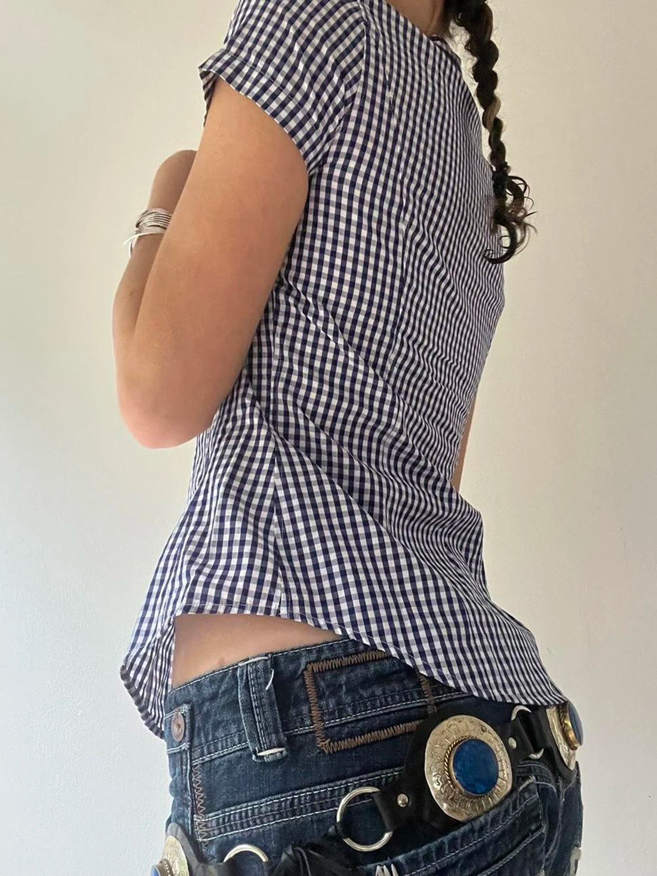 Plaid Bloue Button Up Short Sleeve Tuurn-down Neck Top
