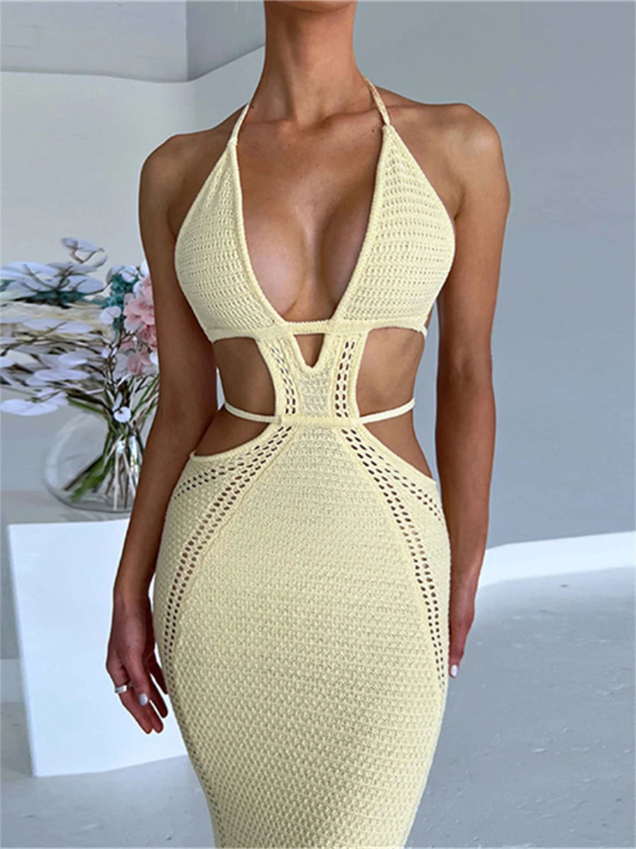 Halter Tie-up Knit Crochet Dress Backless Sleeveless Deep V Cutout Waist Wrapped Bodycon Dress