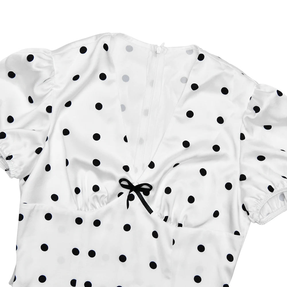 White Polka Dot Short Sleeve Slim Maxi Dress