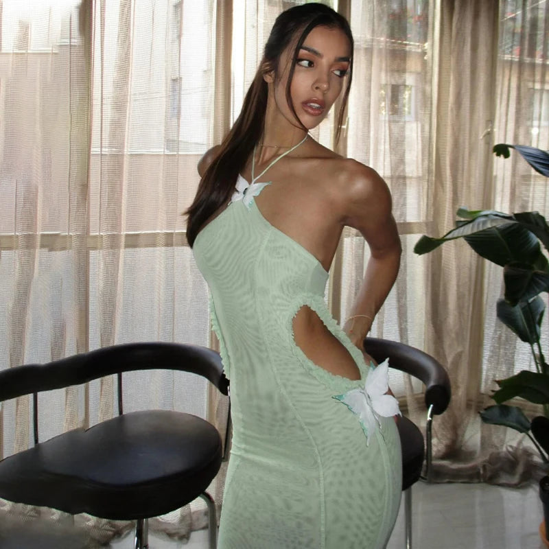 Butterfly Halter See Through Hollow Out Maxi Dress