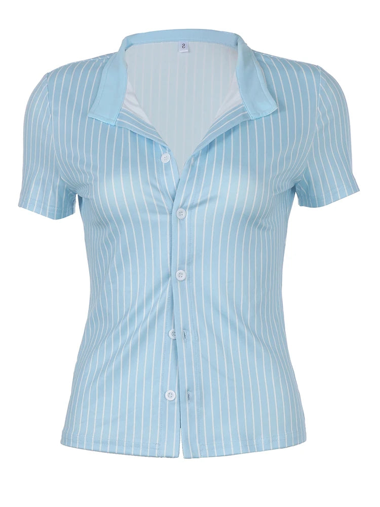 Blue Stripe Short Sleeve Shirts Button Up Turn Down Collar Slim Preppy Tops Basic Tees