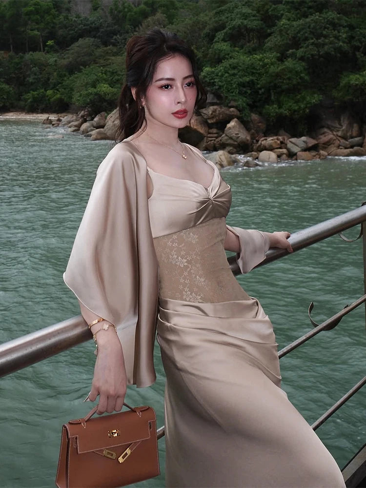 Supendency Maxi Dress Silk Embroidery Lace Low Neck Bodycon Banquet