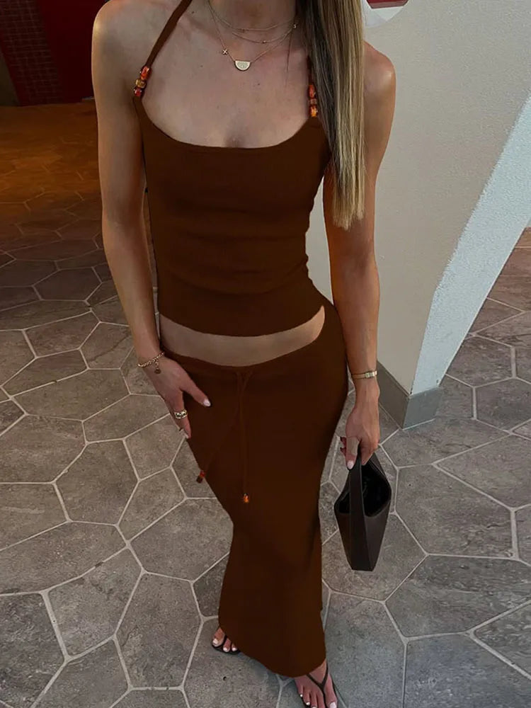 Matching 2 Piece Set Concie Halter Slim Cami Drawtring Maxi Skirt Suit