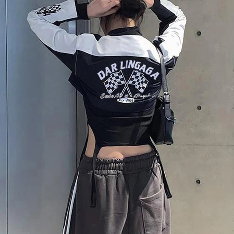 Moto Biker Crop Jackets Zip Up Patchwork Coats