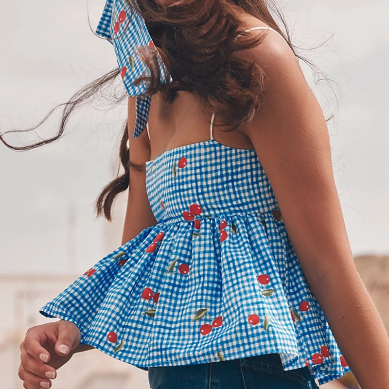 Fairycore Backless Tie Up Crop Tops Cherry Plaid Peplum Camisole Sweet Cute Milkmaid Tank Vest
