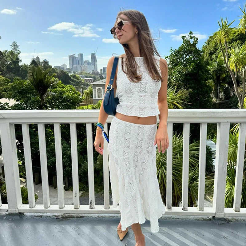 Dress Set Slim Fit Sleeveless Lace Hollow Top with White Skirt Two Piece Set