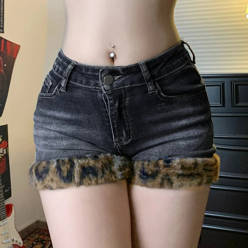 Low Waisted Button Up Mini Shorts Leopard Print Fur Patchwork Bottoms