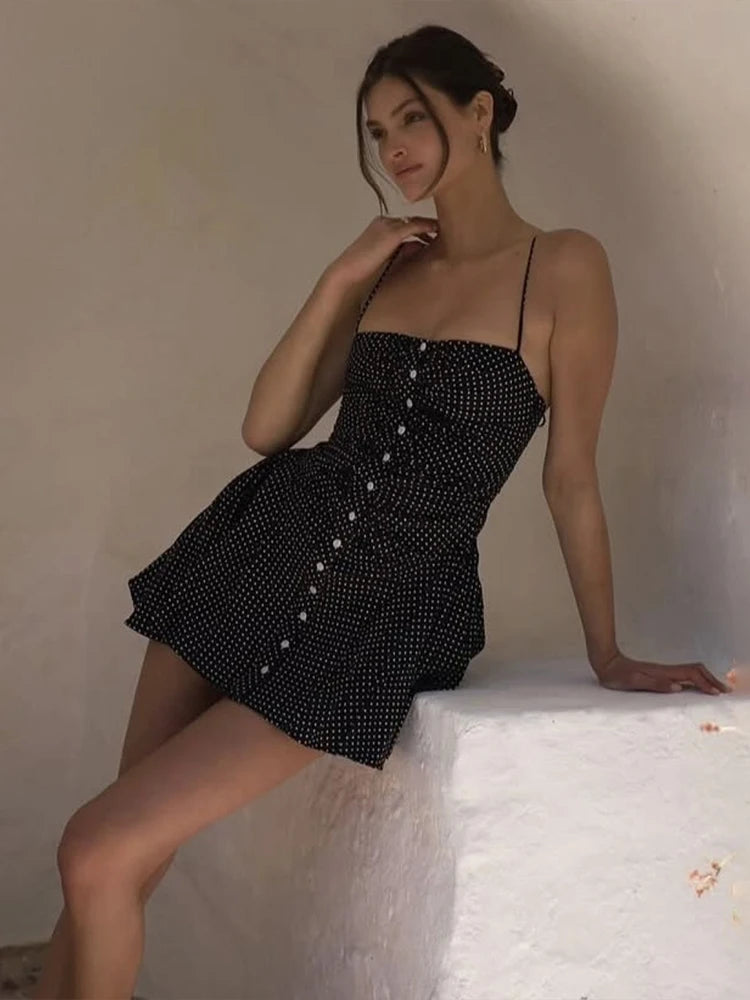 Speckled Print Dress Spaghetti Strap Sleeveless Single-Breasted Pleated Midnight Mini Bodycon