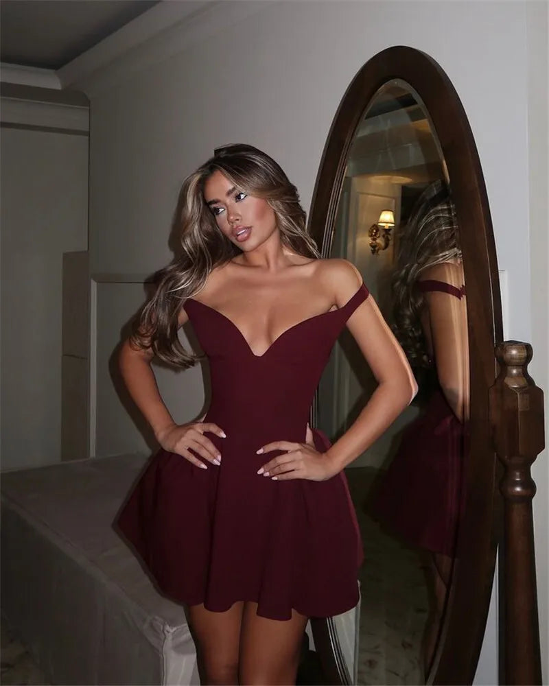 Off-shoulder Backless Mini Dress Wine Red Sleeveless Strapless High Waist A-line Dress