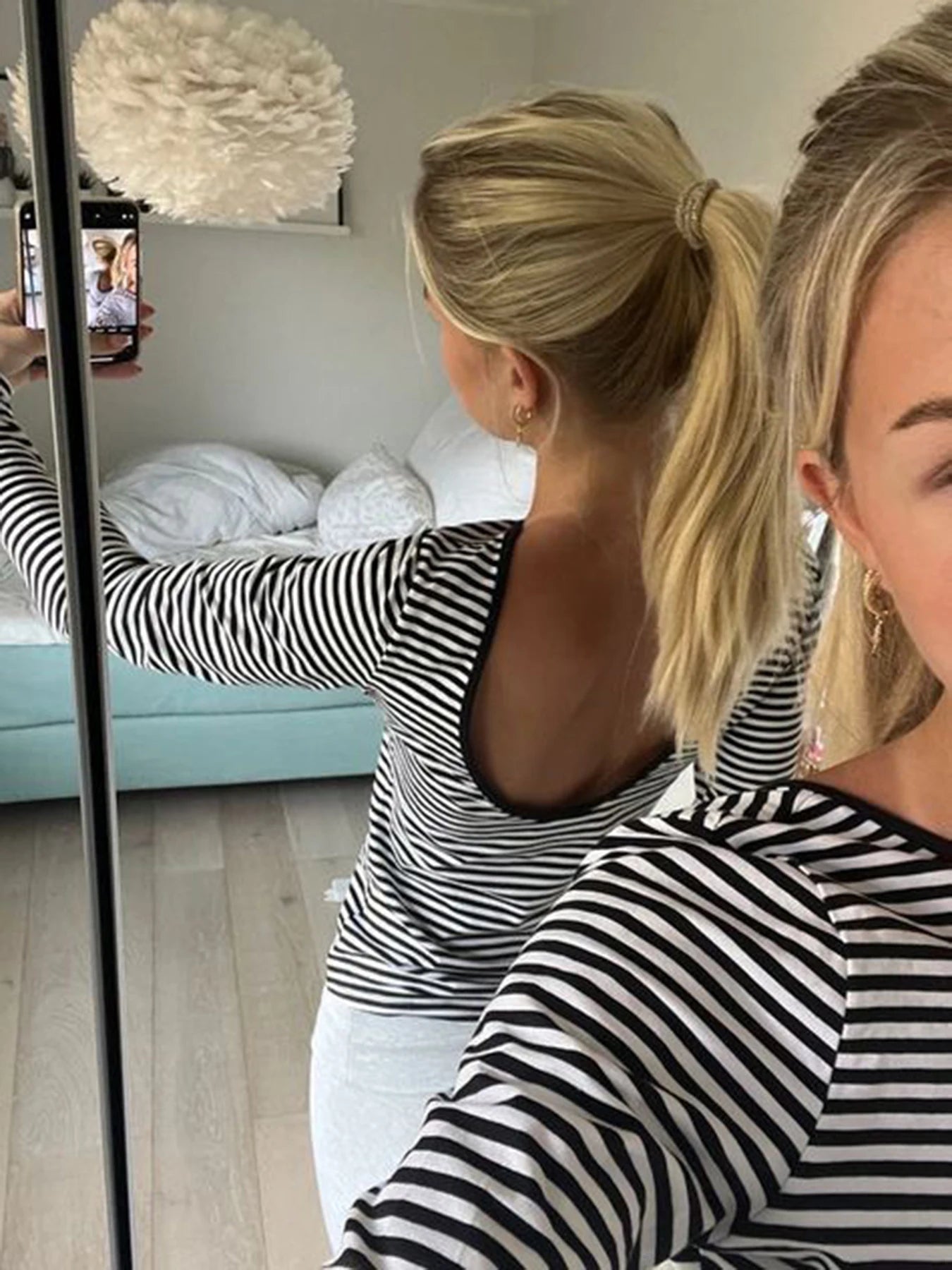 Backless Striped Print Slim Tee Shirts Long Sleeves Tees