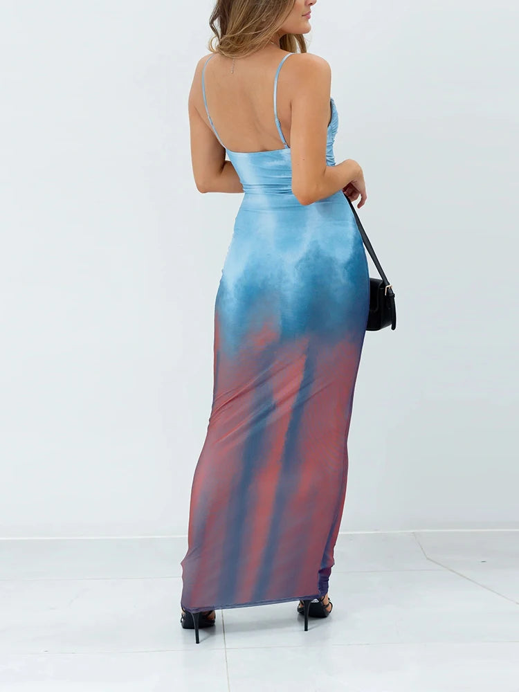 Panell Spaghetti Strap Maxi Dress Backless Chet Cleavage Straight Long