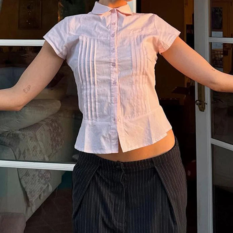 Turn-Down Collar Button-Up Corset Blouse 's Tee Shirt Short Sleeve Top