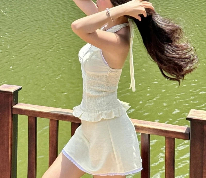 Backless Lace Sleeveless Crop Top Mini Skirt Two Piece Set