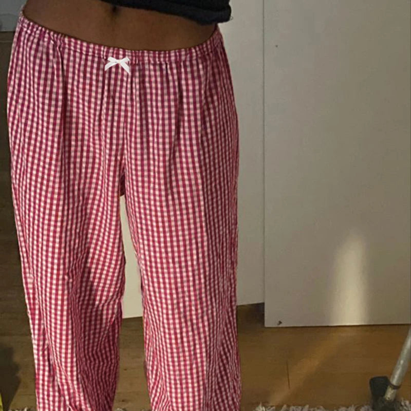Plaid Straight Pant Lace Patchwork Bow Baggy Trouer Jogger Bottom