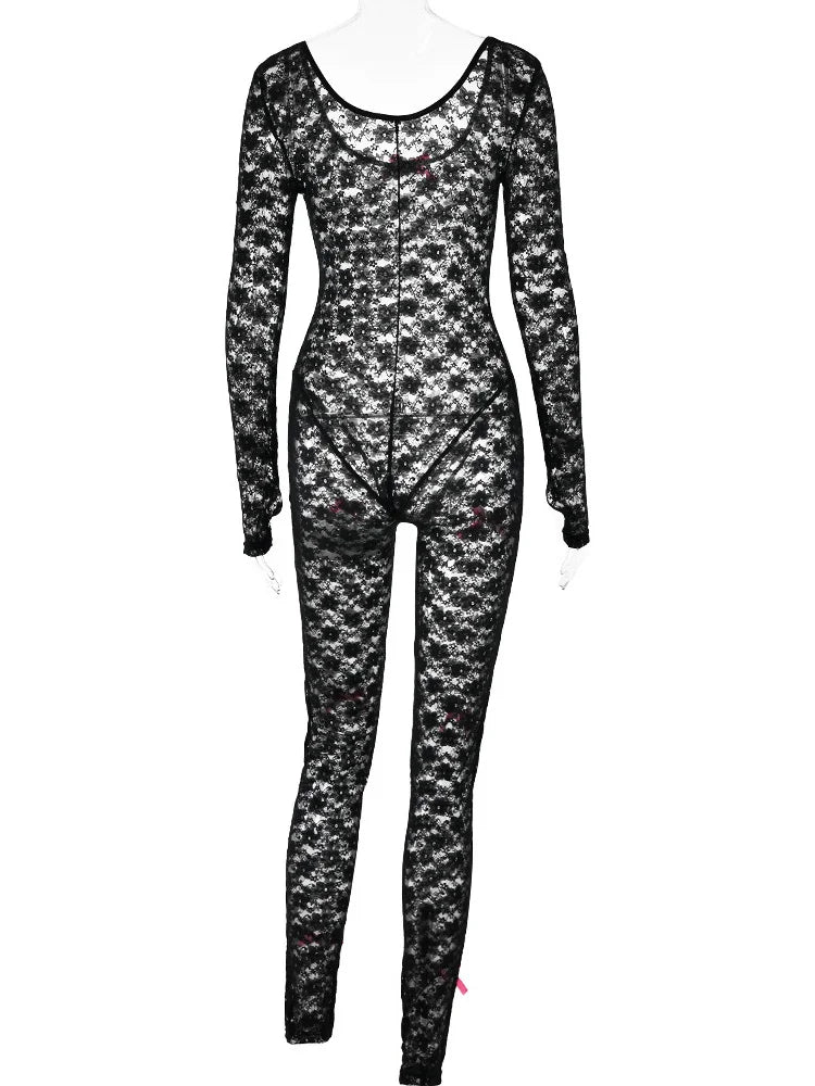 Lace Transparent Thin Solid Jumpsuit Long Sleeve Slim Fit Sheer Night Street Jumpsuit