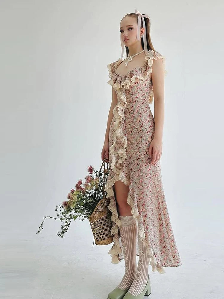 Colorful Maxi Dress High Split Patchwork Lace Folds Irregular Low-Neck Sweet Skinny