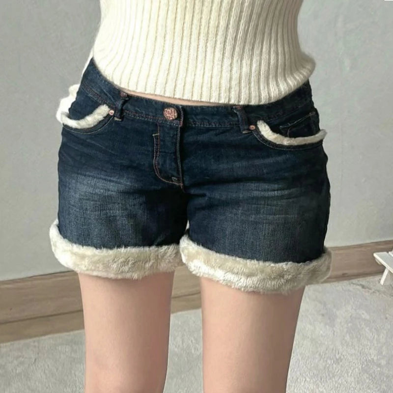 Fur Patchwork Denim Shorts Low Waisted Bottoms Cotton Pants