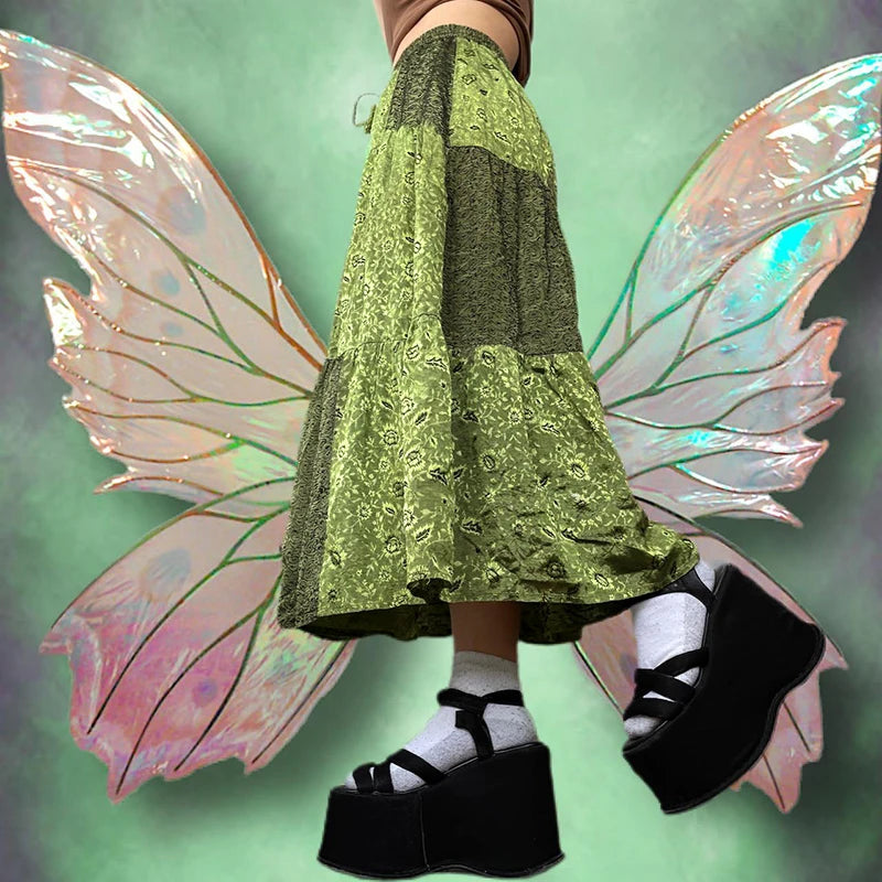 Patchwork Long Skirts Graphic Print A-line Bottoms Fairycore Skirts