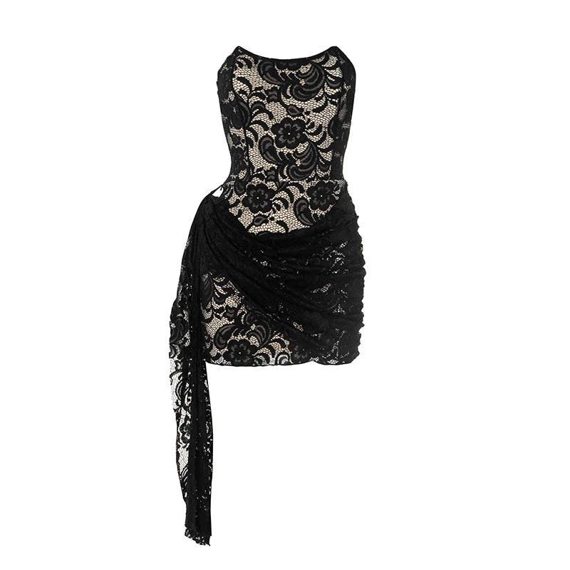 'S Color Slim Patchwork Lace Fluttering Bandage Strapless Tight Backpack Hip Mini Short Dress