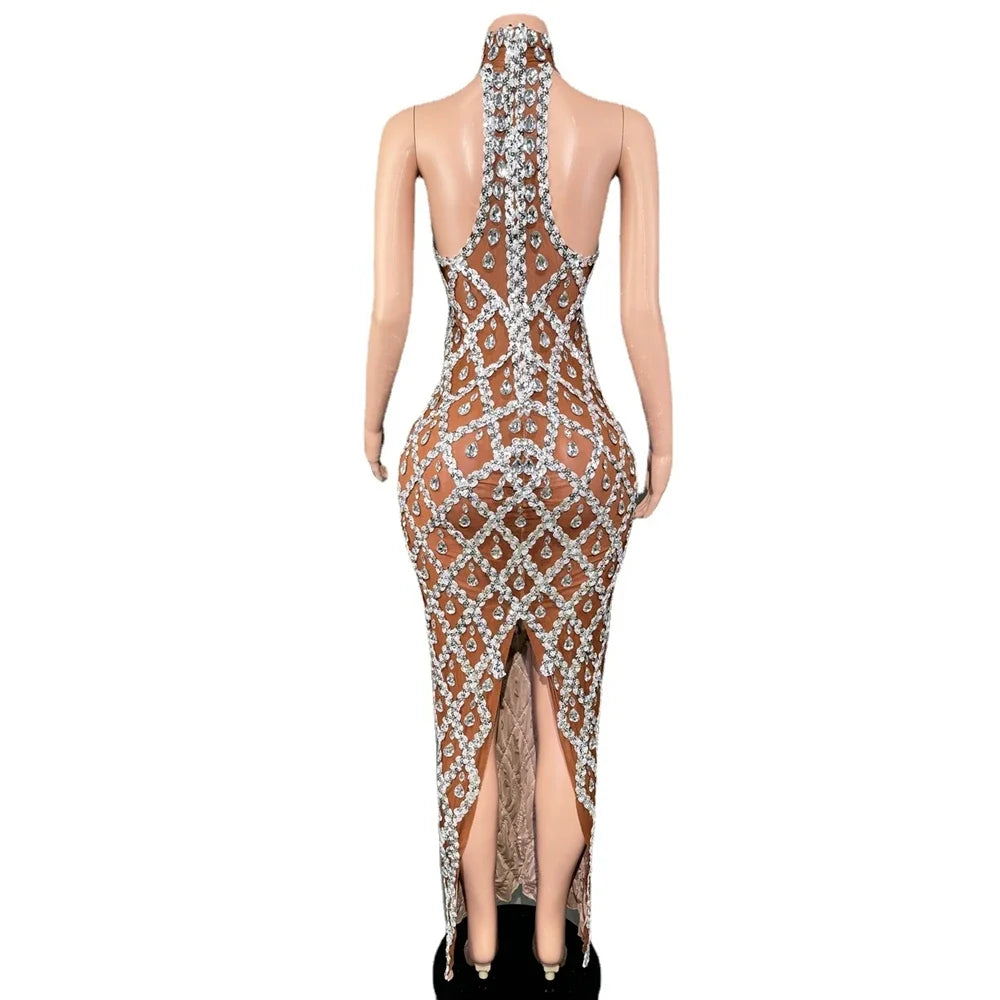 Sparkly Rhinestones Sleeveless Long Dress Dark Mesh Celebrate Wedding Prom Gown Birthday Dress Photograph Wear