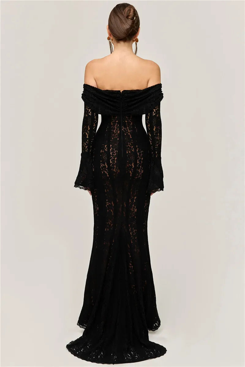 Lace Off-shoulder Maxi Dress Strapless Backless Long Sleeve Bodycon Evening Long Dress