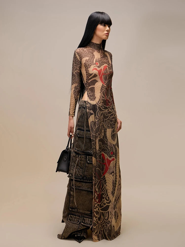 See Through Blouse Snake Print Half-High Neck Long Sleeves High Slits High Elasticity Long Top