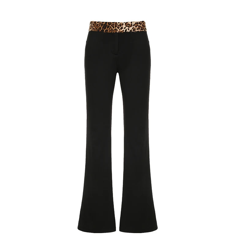 Leopard Print Patchwork Flare Pants Low Waisted 's Bottoms Retro Trousers